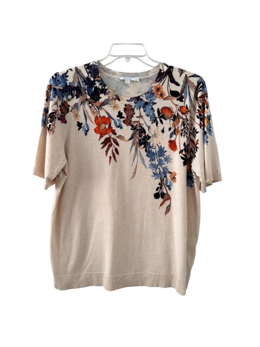 Chicos sweater Sz XXL Floral Print Lightweight Beige Sweater Short Sleeve Rayon - Picture 1 of 12